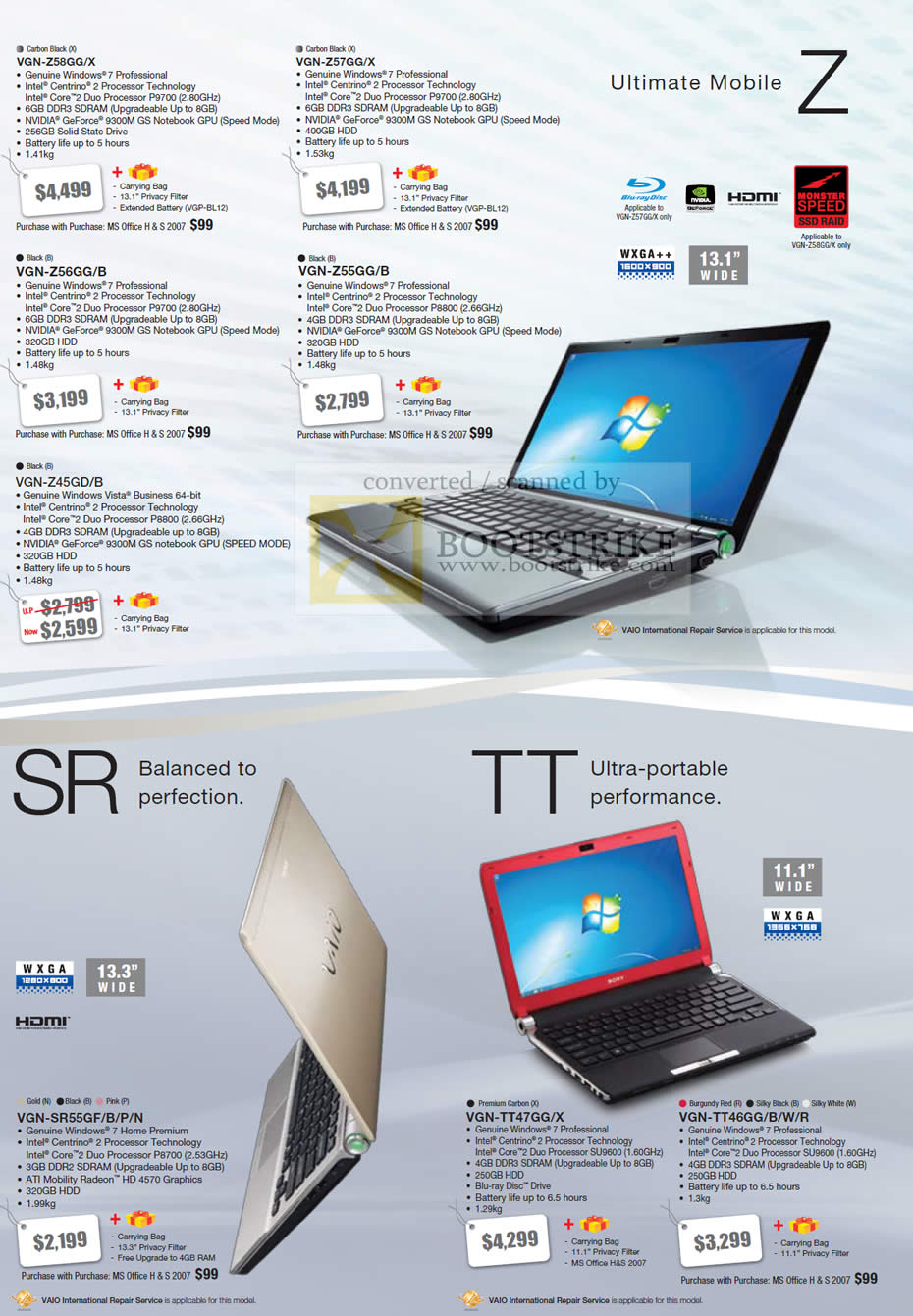 Sitex 2009 price list image brochure of Sony Vaio Ultimate Mobile Z Series SR Series TT Series