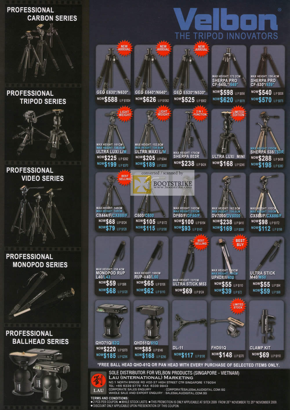 Sitex 2009 price list image brochure of Velbon Tripods Professional Carbon Geo Sherpa Pro Ultra Luxi Maxi Ballhead