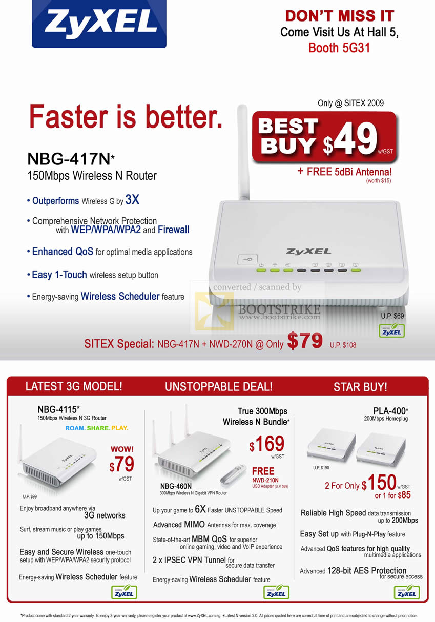 Sitex 2009 price list image brochure of ZyXEL Wireless N Router NBG 417N 4115 Homeplug Gigabit Router