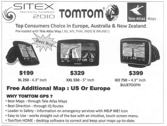 Sitex 2010 price list image brochure of AAAs TomTom GPS XL 250 XXL 550 GO 750 Tele Atlas Maps