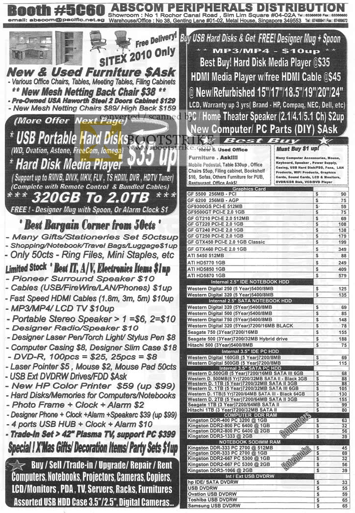 Sitex 2010 price list image brochure of Abscom Graphic Cards Internal Storage HDD Seagate WD Hitachi Memory DDR DDR2 DDR3 Kingston DVD Writer External