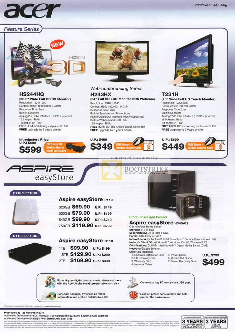 Sitex 2010 price list image brochure of Acer LCD Monitors HS244HQ H243HX T231H External Storage Aspire EasyStore P110 D110 H340 01