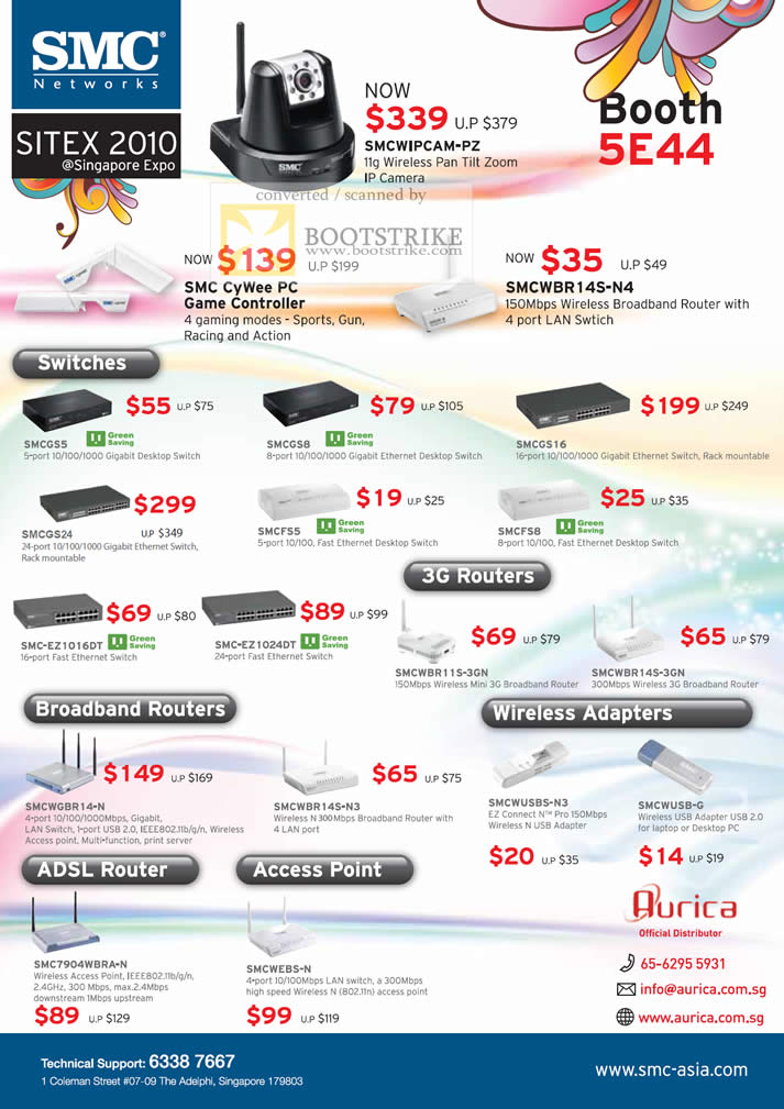 Sitex 2010 price list image brochure of Aurica SMC Networks IPCam Game Controller CyWee Wireless N Router LAN Switches Gigabit Adapters ADSL