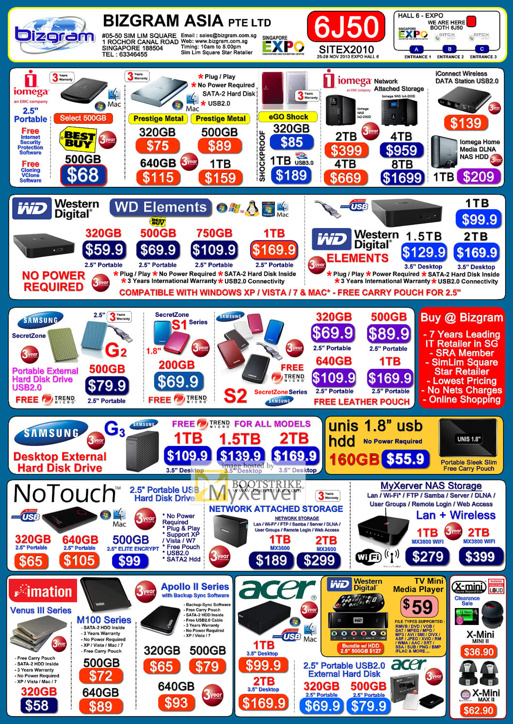 Sitex 2010 price list image brochure of Bizgram External Storage Iomega Prestige WD Elements Samsung G3 Unis NoTouch MyXerver NAS Imation Acer X Mini