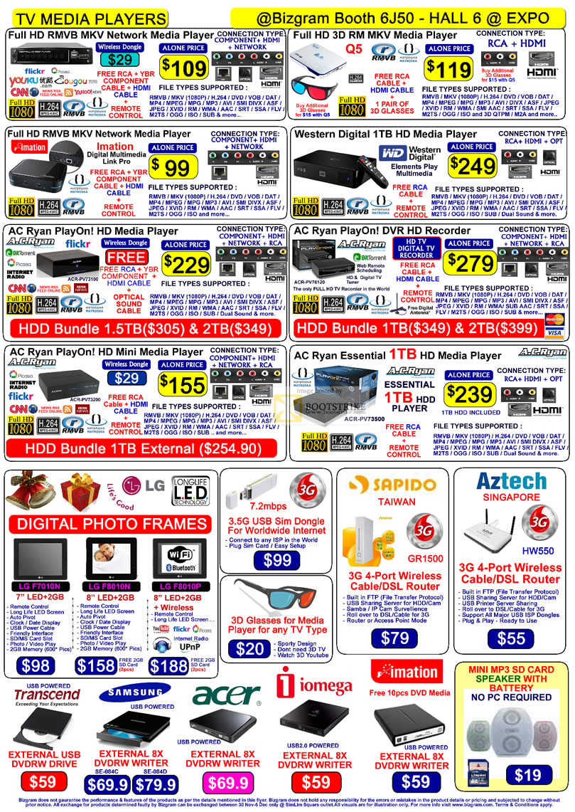 Sitex 2010 price list image brochure of Bizgram Media Player WD AC Ryan Aztech Wireless Router Sapido Digital Photo Frame DVD Writer 3D Glasses