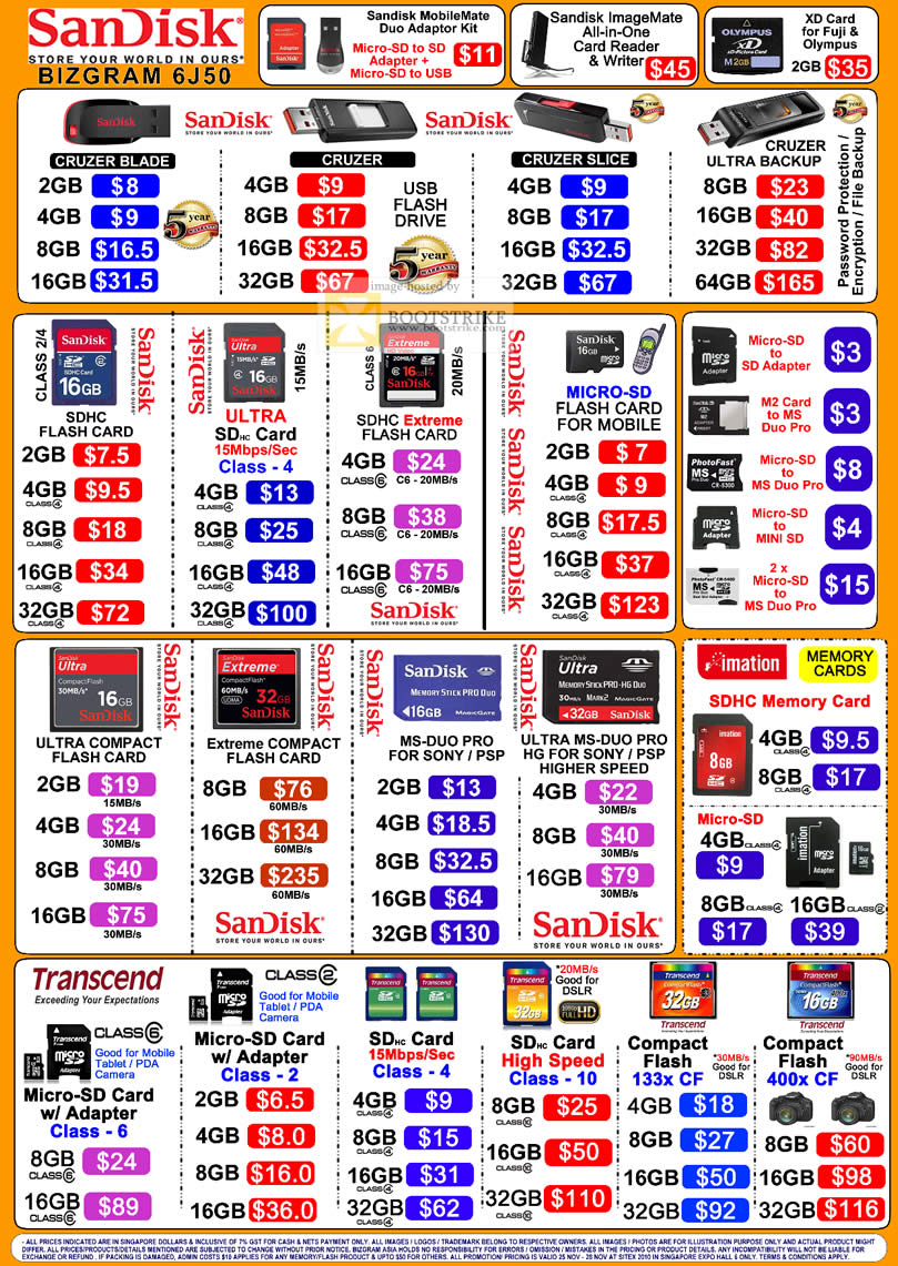 Sitex 2010 price list image brochure of Bizgram Sandisk Flash Drive Cruzer Blade Slice Ultra Backup SDHC MicroSD M2 MS Duo Pro Compact Flash CF Transcend