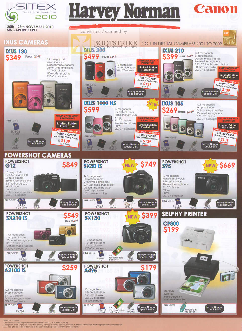 Sitex 2010 price list image brochure of Canon Digital Cameras Ixus 130 300 210 1000 HS 105 Powershot G12 SX30 IS Selphy Printer CP800