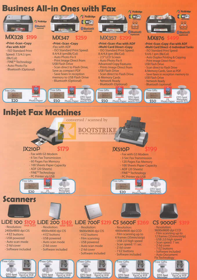 Sitex 2010 price list image brochure of Canon Printers Business MX328 MX347 MX357 MX876 Inkjet JX210P JX510P Scanners Lide 100 200 700F CS 5600F CS 9000F