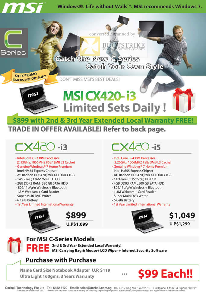 Sitex 2010 price list image brochure of Corbell MSI Notebooks C Series CX420 I3 I5