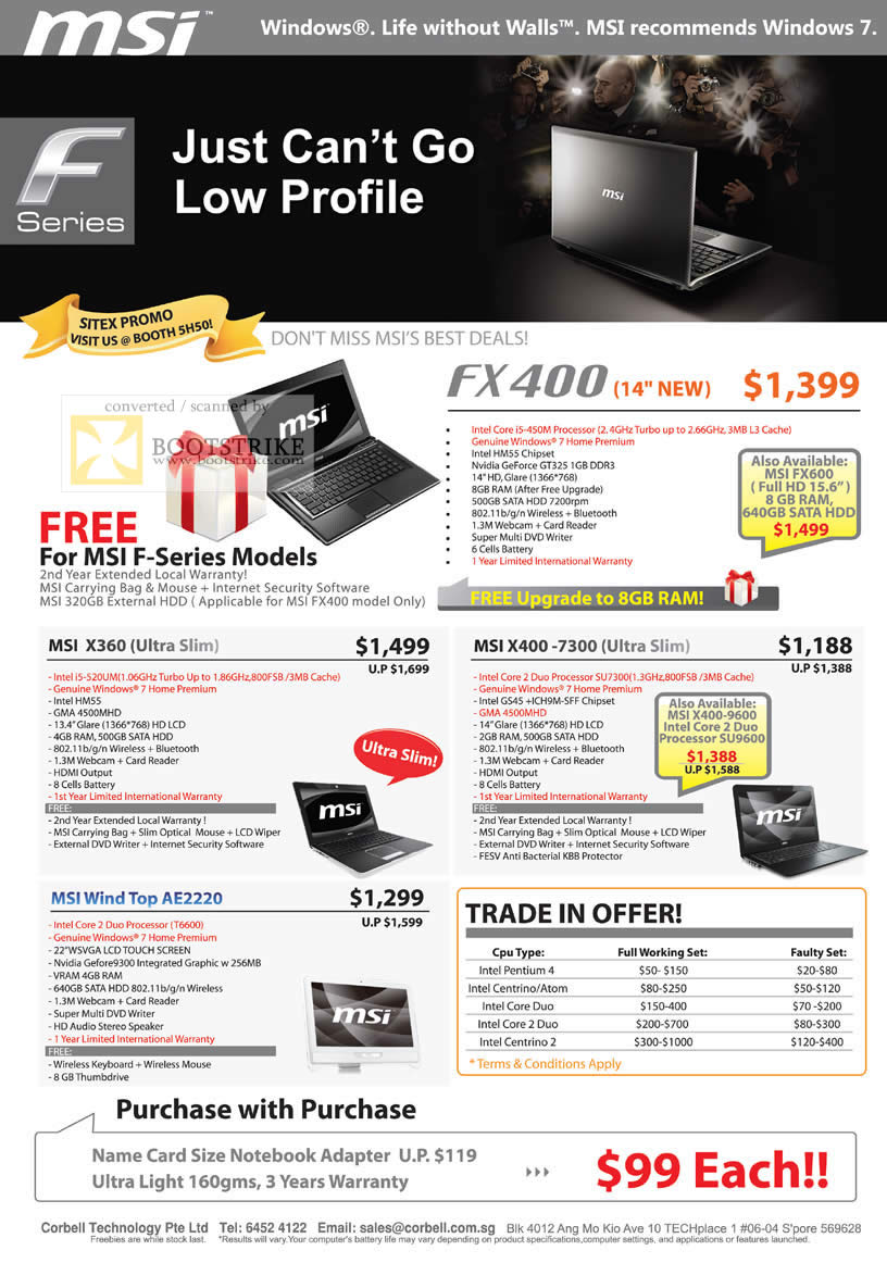 Sitex 2010 price list image brochure of Corbell MSI Notebooks F Series FX400 X360 X400 7300 PC Wind Top AE2220 Trade In