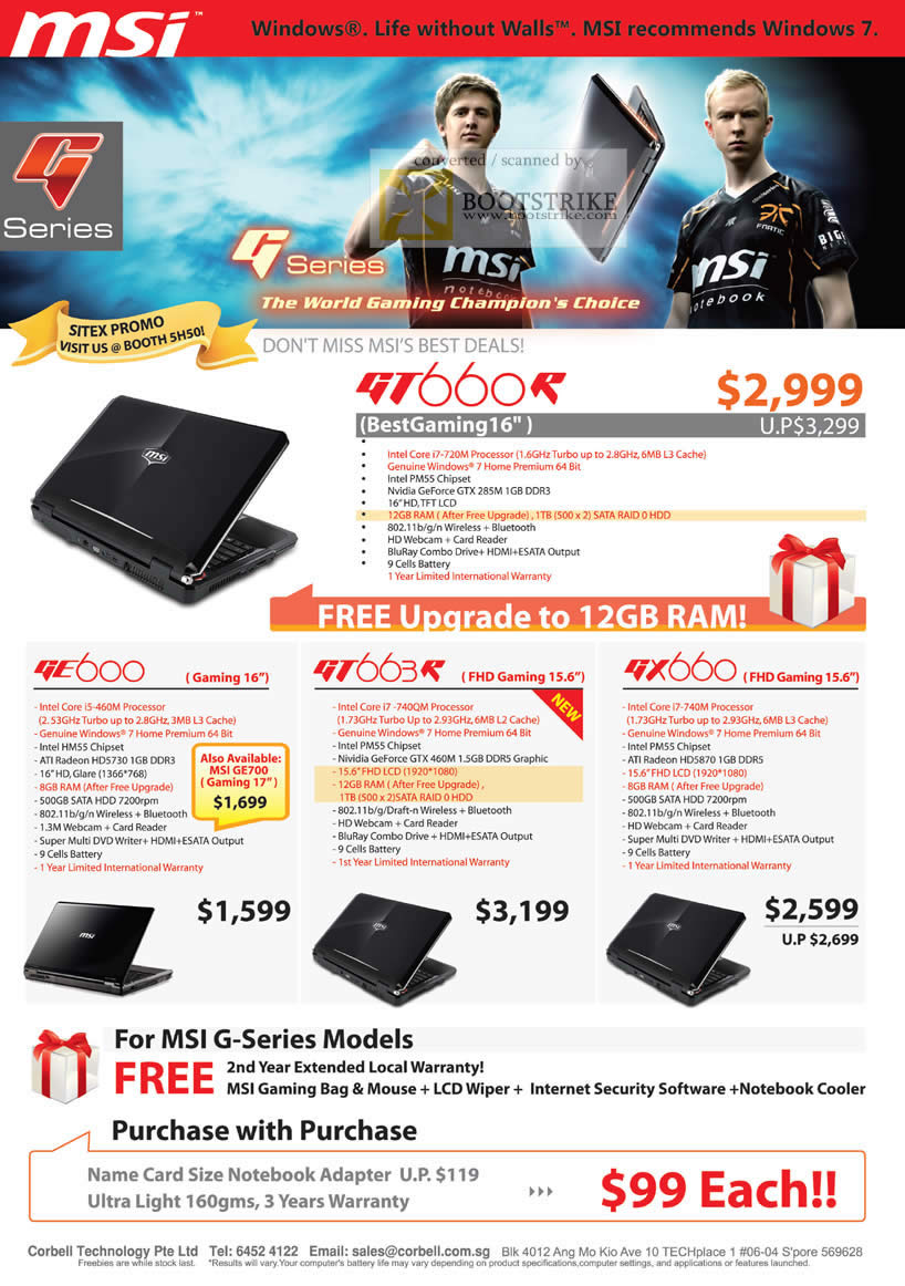 Sitex 2010 price list image brochure of Corbell MSI Notebooks G Series Gaming GT660R GE600 GT663R GX660