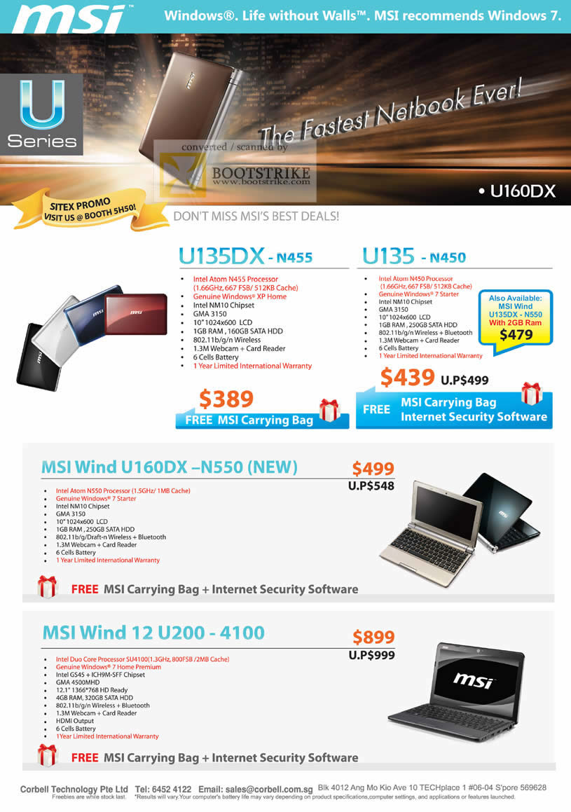 Sitex 2010 price list image brochure of Corbell MSI Notebooks U Series U135DX U135 Wind U160DX N550 12 U200 4100