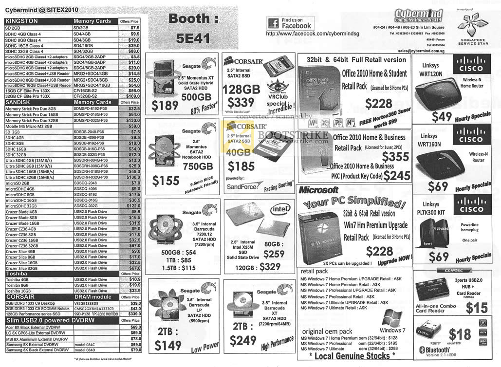 Sitex 2010 price list image brochure of Cybermind Memory Cards SD SDHC MicroSDHC Sandisk Flash Drive Toshiba External Storage HDD Linksys Cisco