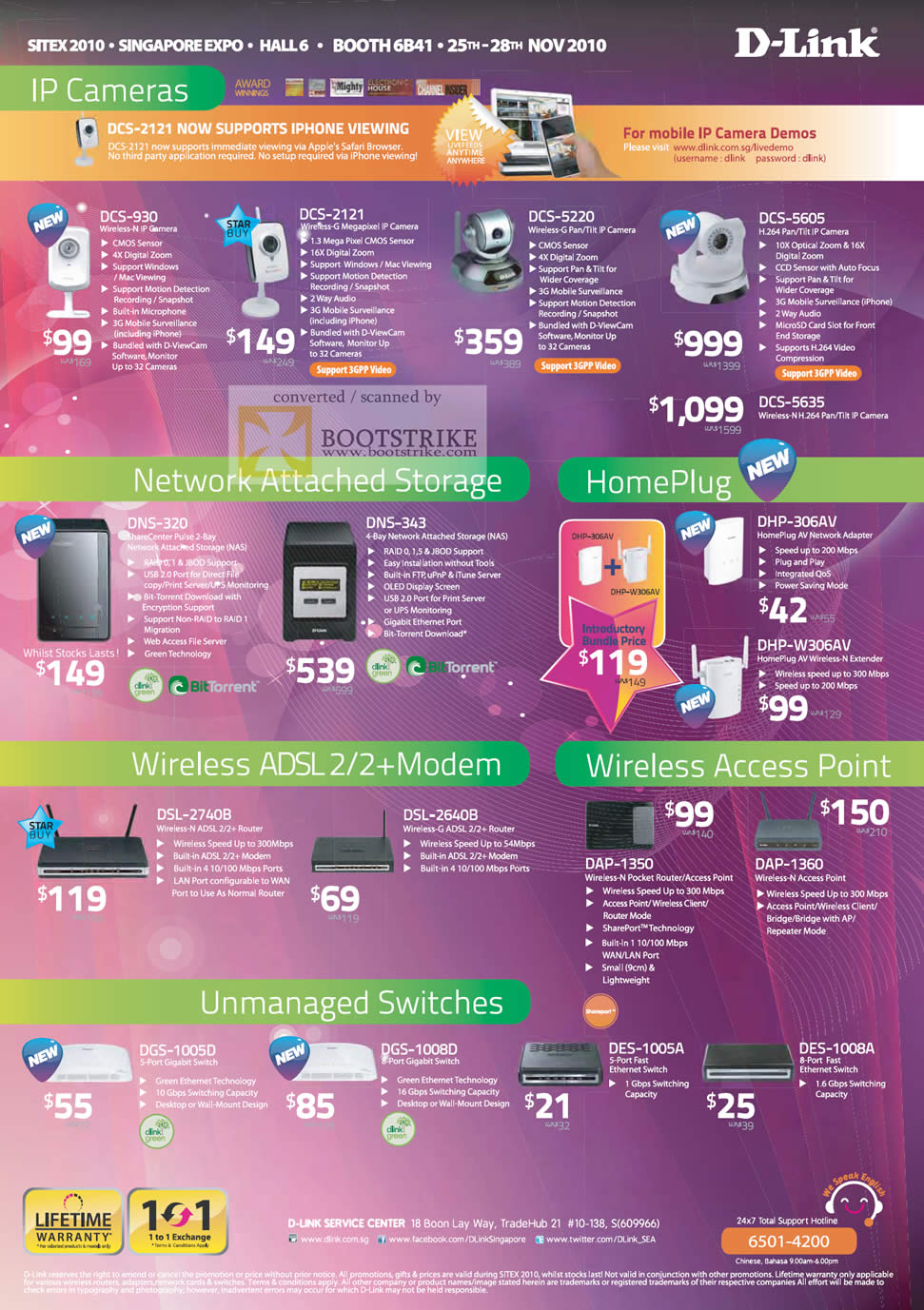 Sitex 2010 price list image brochure of D Link IPCam DCS 930 2121 5220 HomePlug NAS DNS DHP Wireless ADSL2 Model Router Switches DES DGS DSL DAP