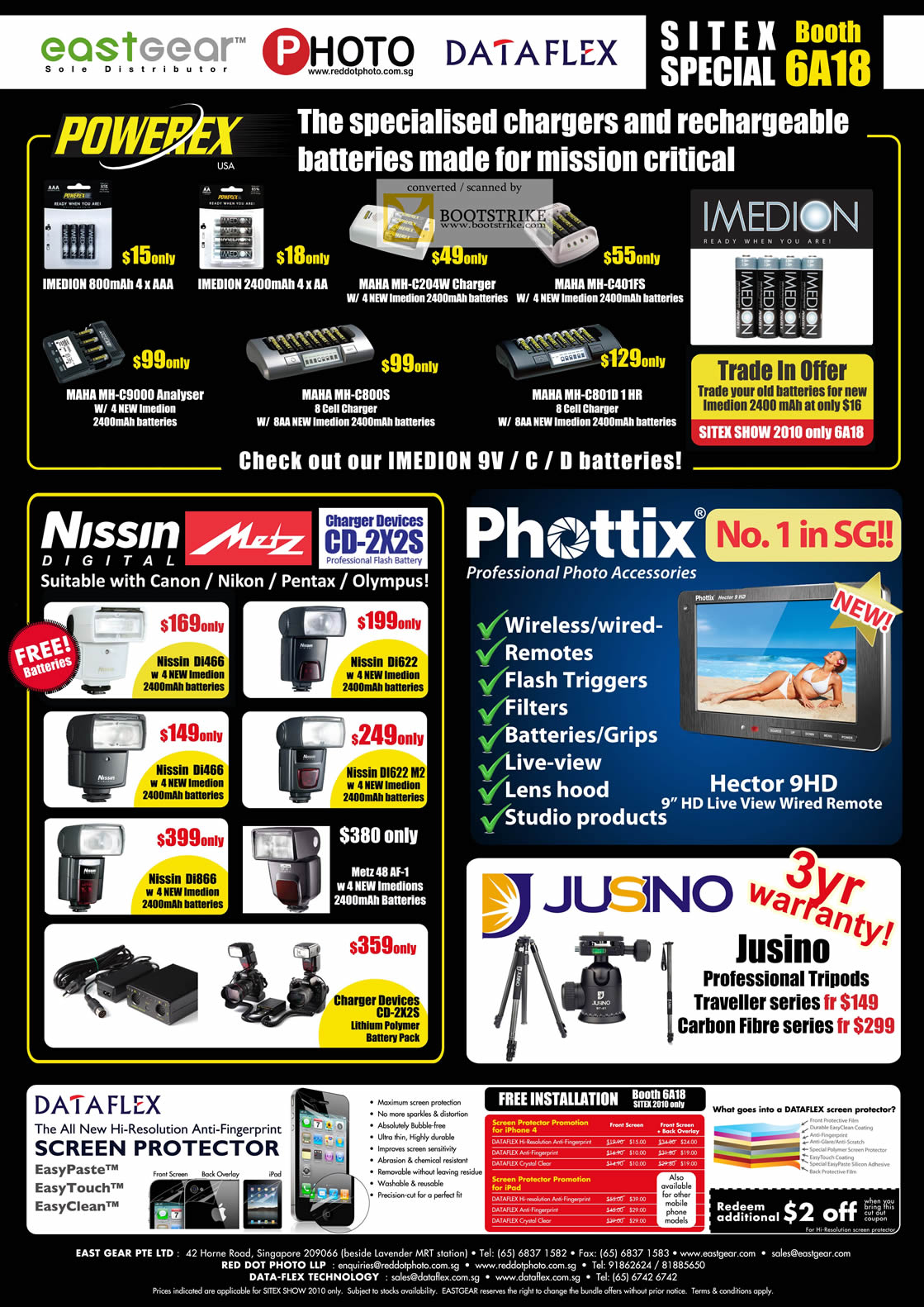 Sitex 2010 price list image brochure of Eastgear Red Dot Photo Dataflex Powerex Chargers Batteries Maha Imedion Analyser Nissin Digital Metz Phottix Jusino Screen Protector