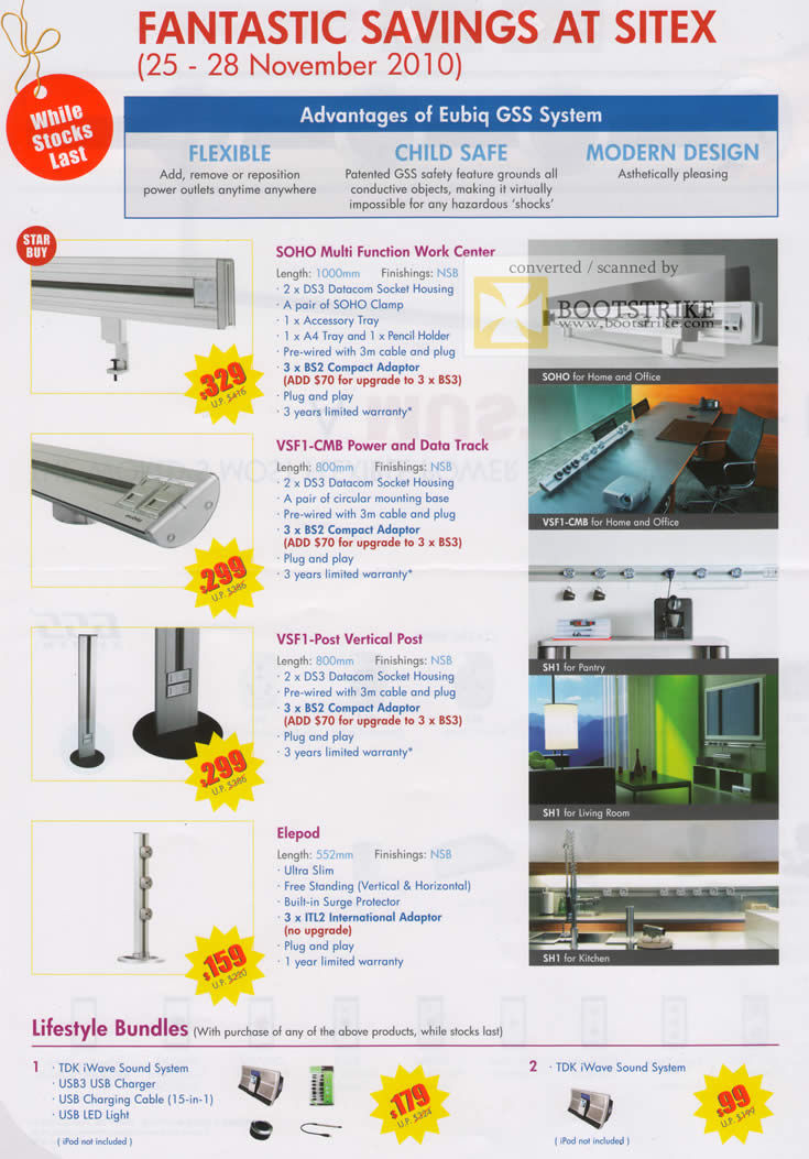 Sitex 2010 price list image brochure of Eubiq Soho Multi Function Work Center VSF1 CMB Power Track Vertical Post Elepod