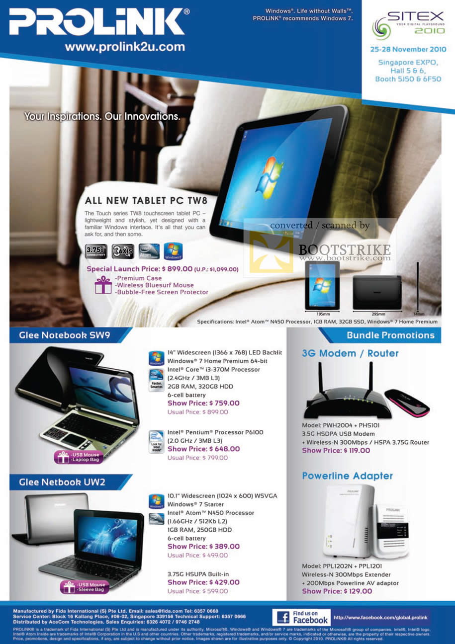 Sitex 2010 price list image brochure of Fida Prolink Tablet PC TW8 Touch Glee SW9 Netbook UW2 3G Modem Powerline Router Adapter