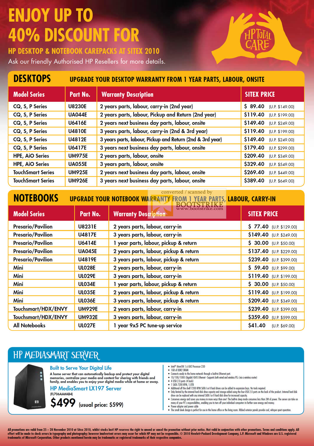 Sitex 2010 price list image brochure of HP Desktops Notebooks Warranty Upgrade Options Mediasmart Server LX197