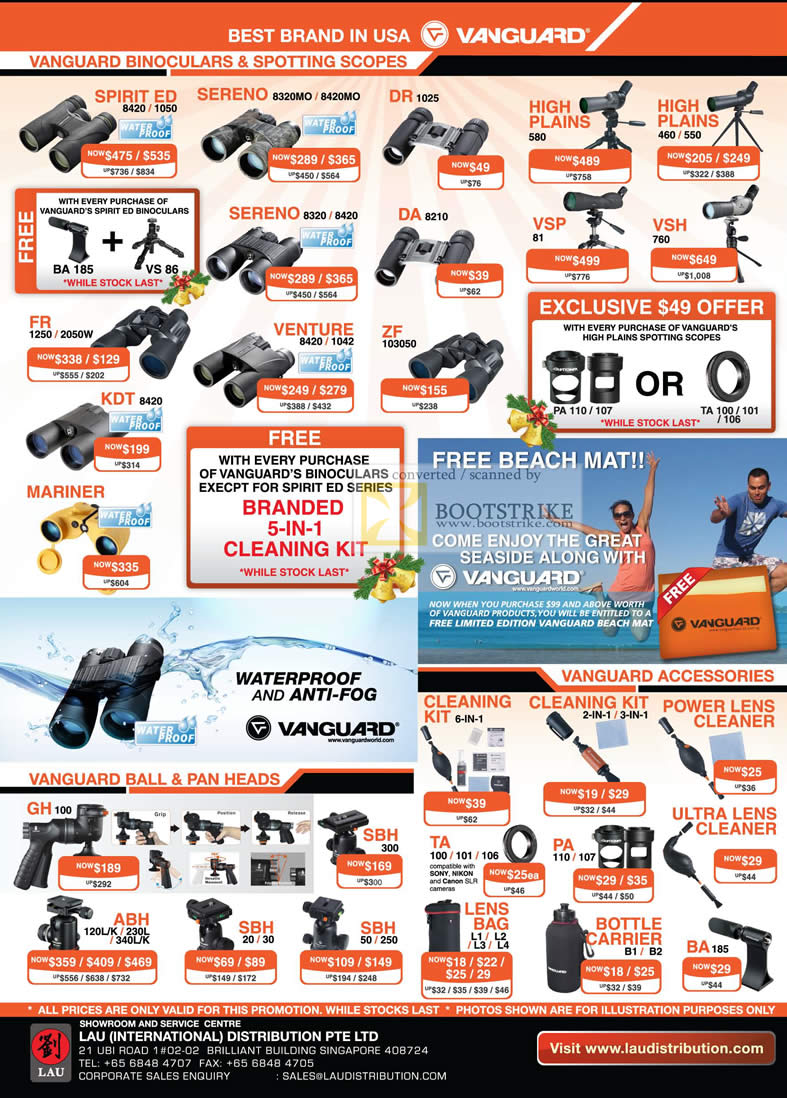 Sitex 2010 price list image brochure of Lau Intl Vanguard Binoculars Spotting Scopes Sereno Ball Pan Heads Accessories