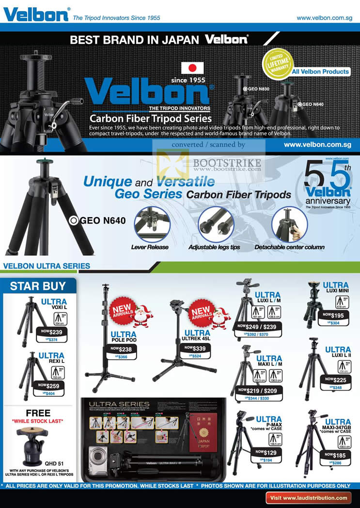 Sitex 2010 price list image brochure of Lau Intl Velbon Carbon Fiber Tripod Geo Ultra Pole Pod Luxi Maxi