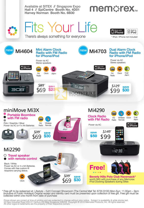 Sitex 2010 price list image brochure of Memorex Mi4604 Mi4703 MiniMove Mi3x Mi4290 Mi2290 Speaker Boombox Radio Clock IPhone IPod