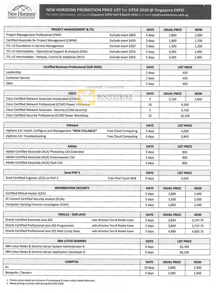 Sitex 2010 price list image brochure of New Horizons Certification Management Cisco Vmware Adobe Zend PHP Information Security Lotus Comptia