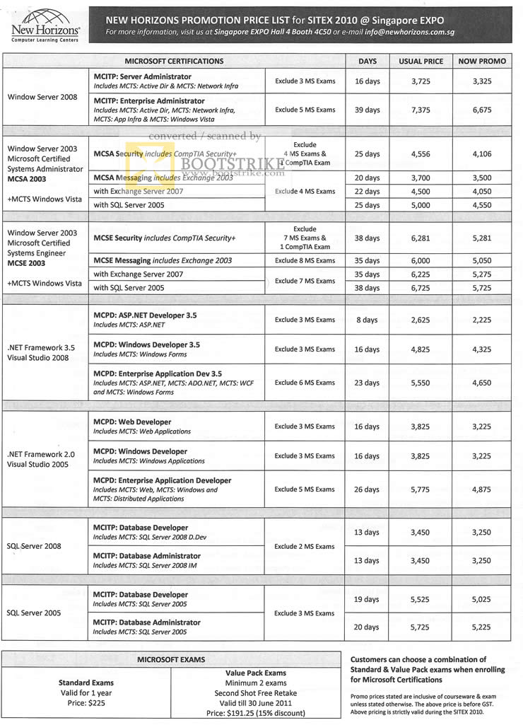 Sitex 2010 price list image brochure of New Horizons Certification Windows Server Net Framework SQL Microsoft MCSA MCPD MCITP