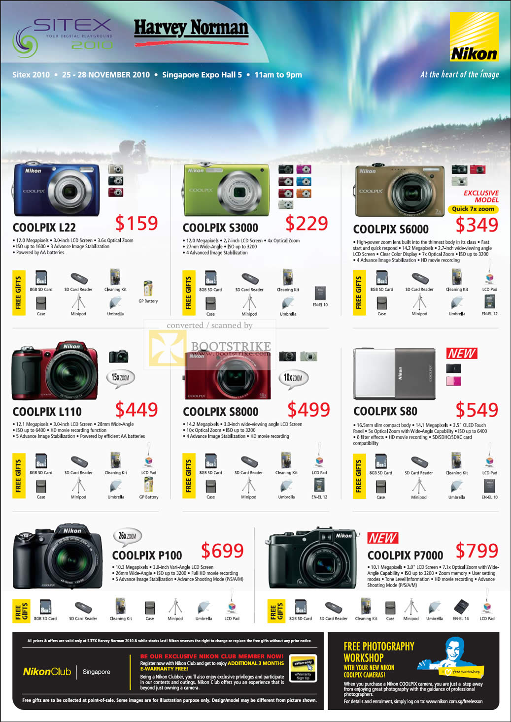 Sitex 2010 price list image brochure of Nikon Digital Cameras Coolpix L22 S3000 S6000 L110 S8000 S80 P100 P7000