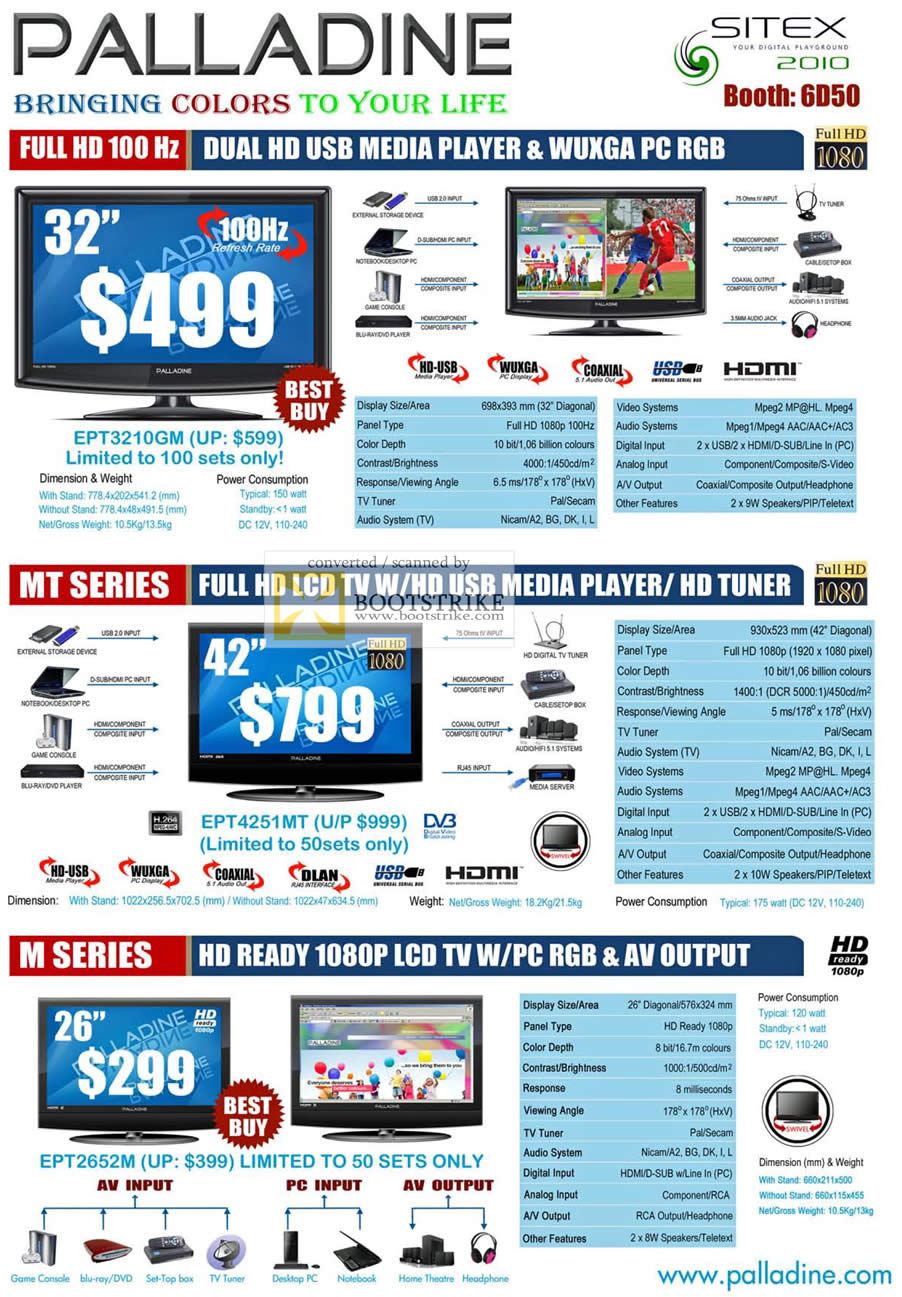 Sitex 2010 price list image brochure of Palladine Media Player LCD TV EPT3210GM 100Hz MT M Series