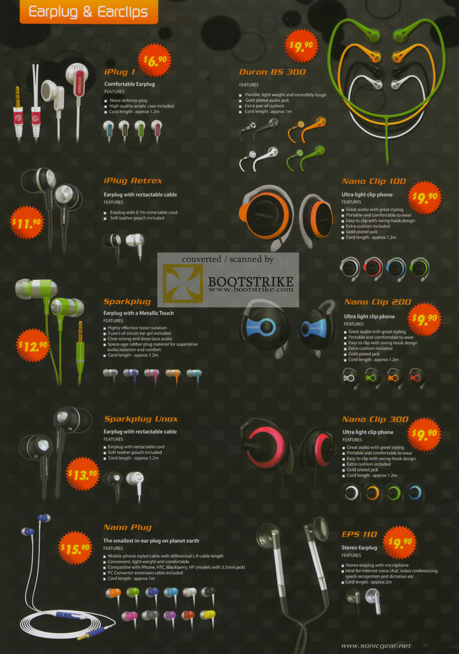 Sitex 2010 price list image brochure of Sonicgear Earphones IPlug 1 Duron Nano Clip Sparkplug Clip 200 Unox 300 EPS 110