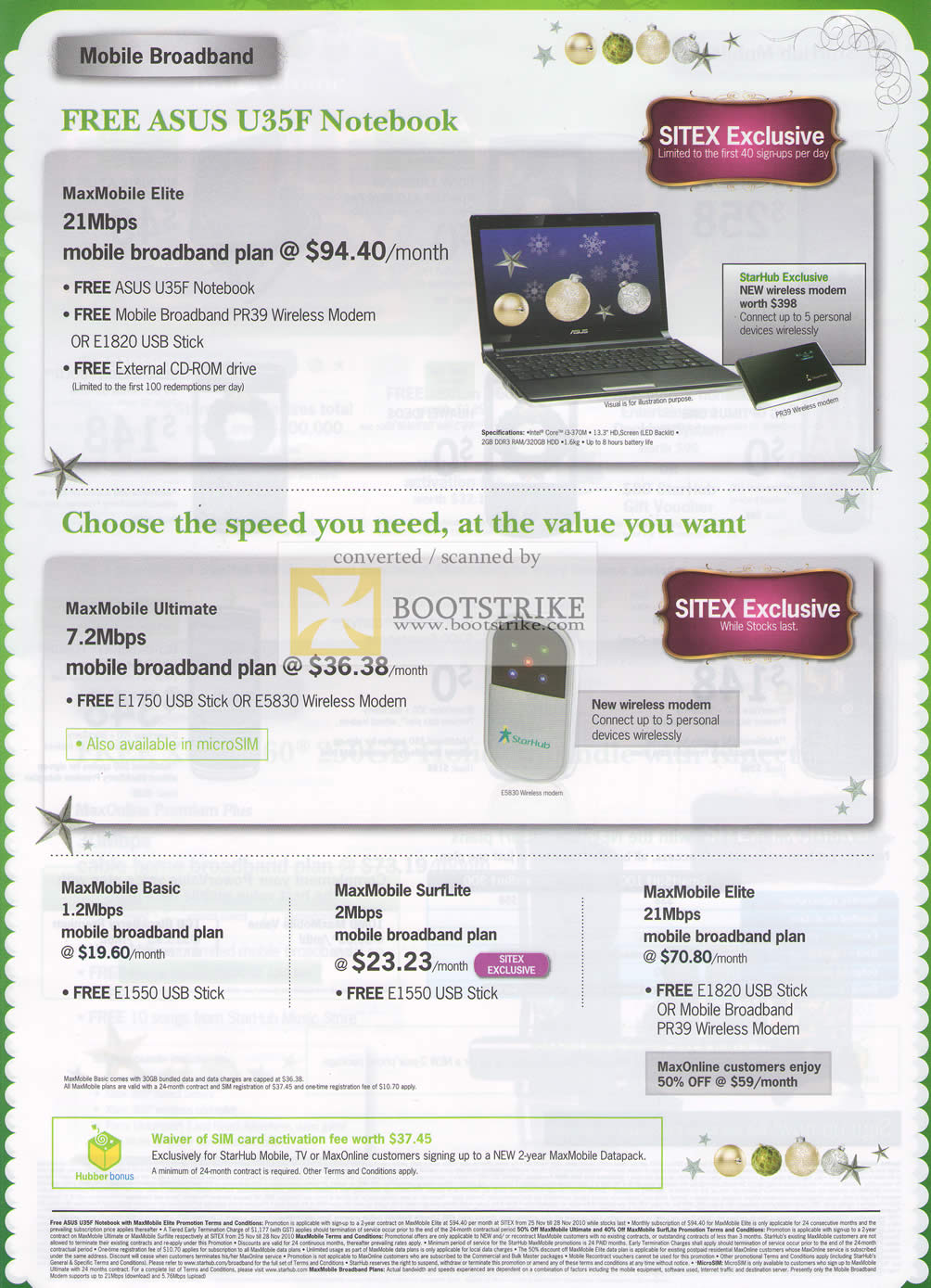 Sitex 2010 price list image brochure of Starhub Mobile Broadband ASUS U35F Maxmobile Elite Ultimate Basic SurfLite Elite