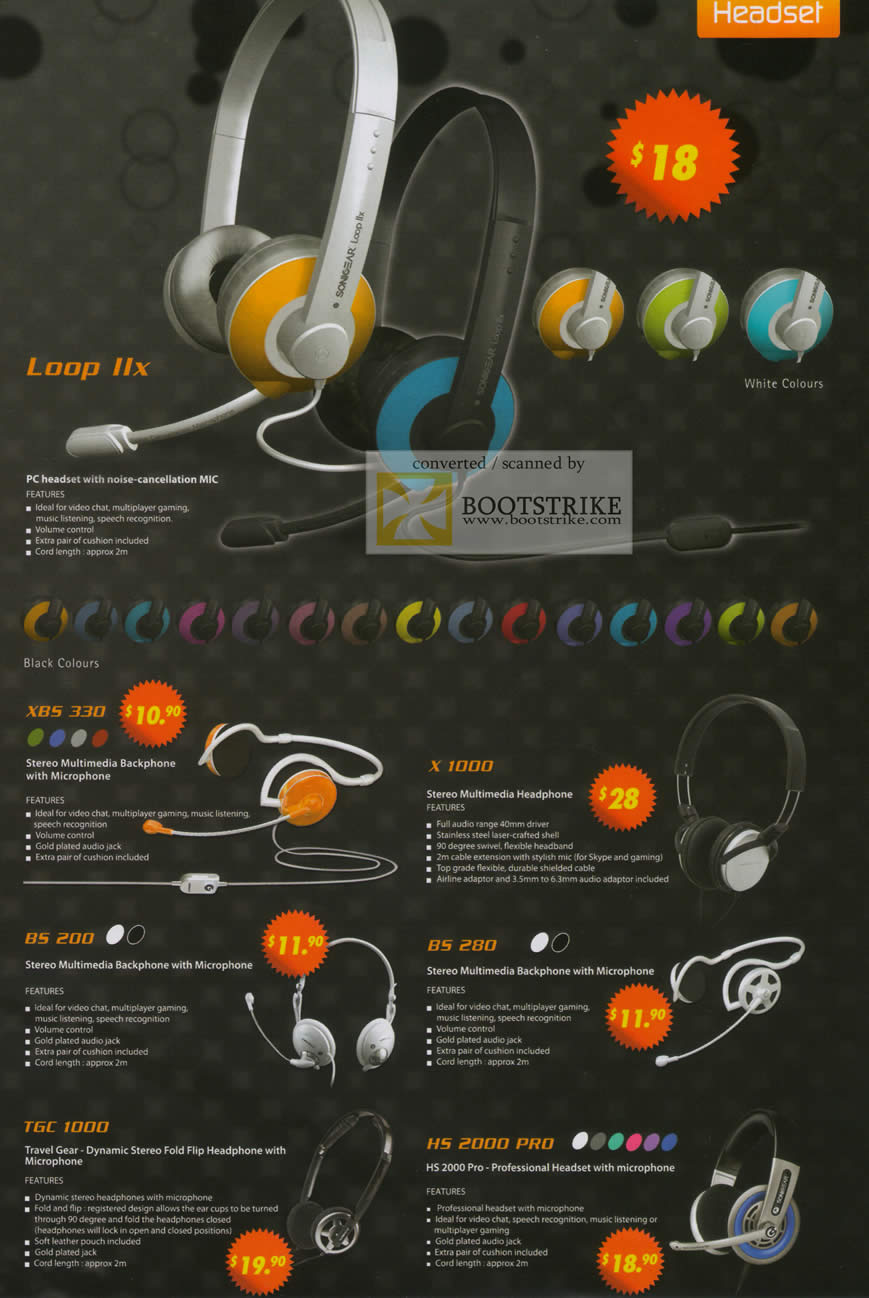 Sitex 2010 price list image brochure of The Headphones Gallery Sonicgear Loop IIx Headset XBS3300 X 1000 BS 200 BS 280 TGC 1000 HS 2000 Pro