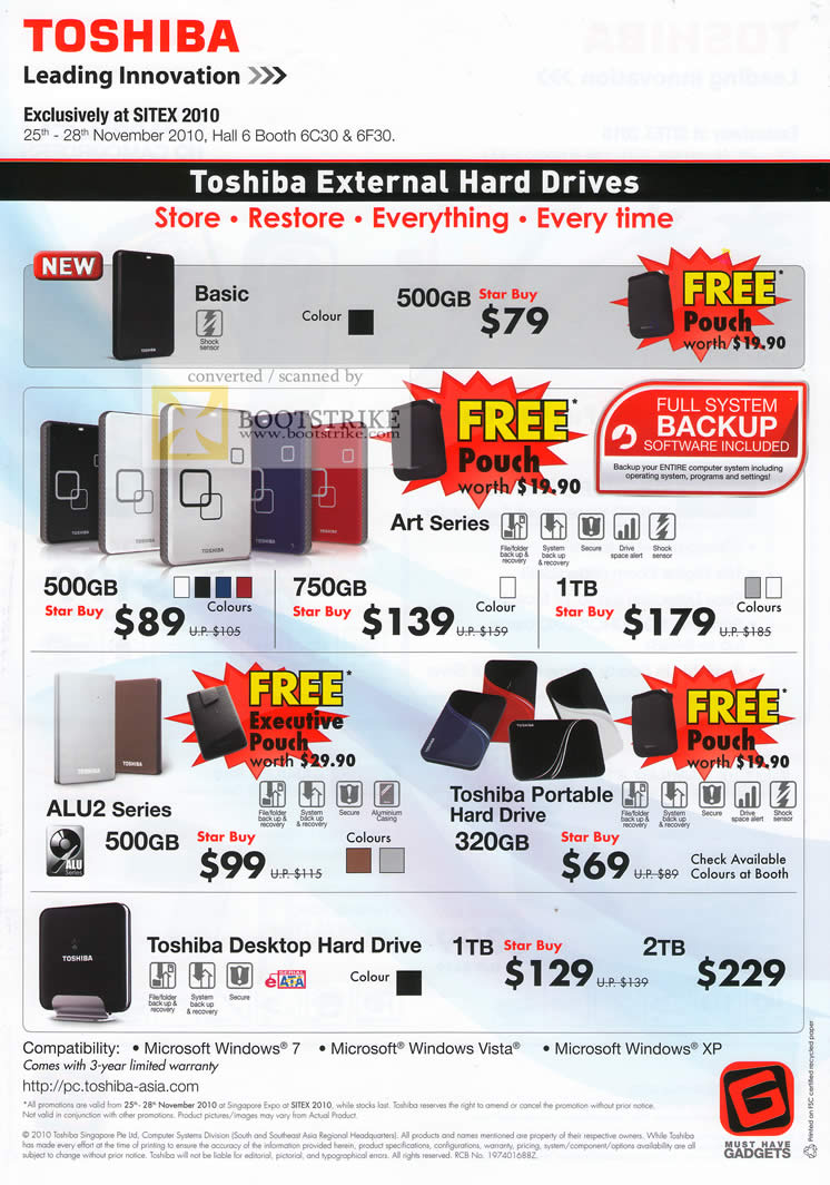 Sitex 2010 price list image brochure of Toshiba External Storage Basic Art ALU2 Portable Desktop Hard Drive