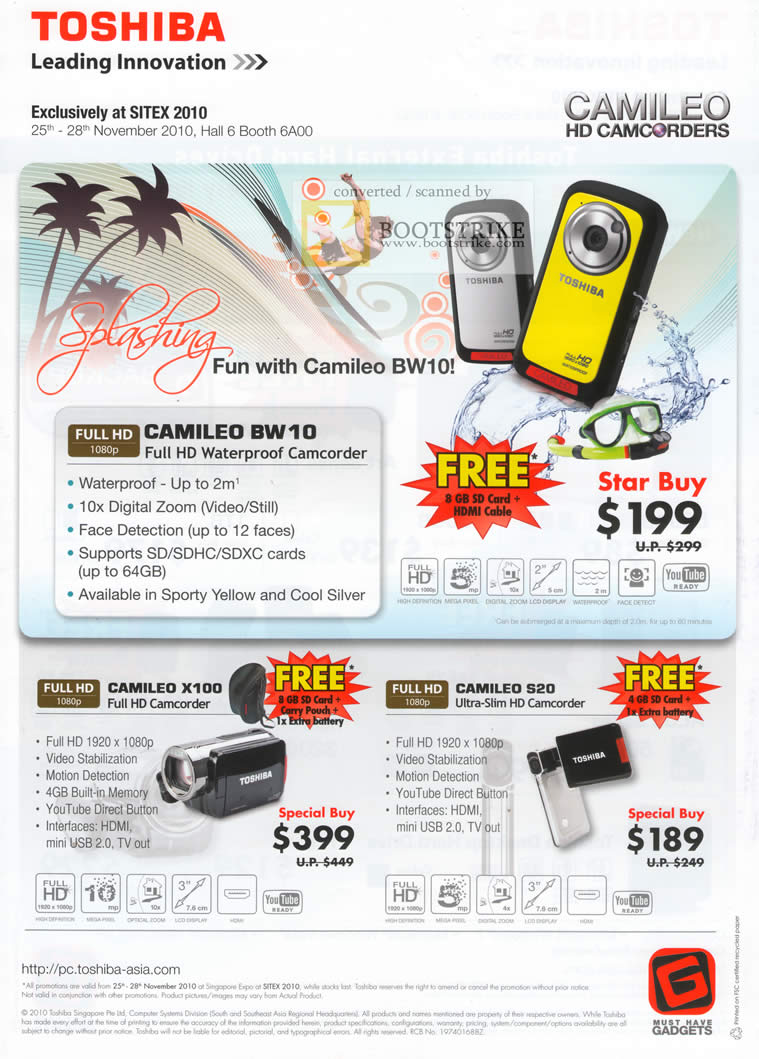 Sitex 2010 price list image brochure of Toshiba Video Camcorder Camileo BW10 X100 S20