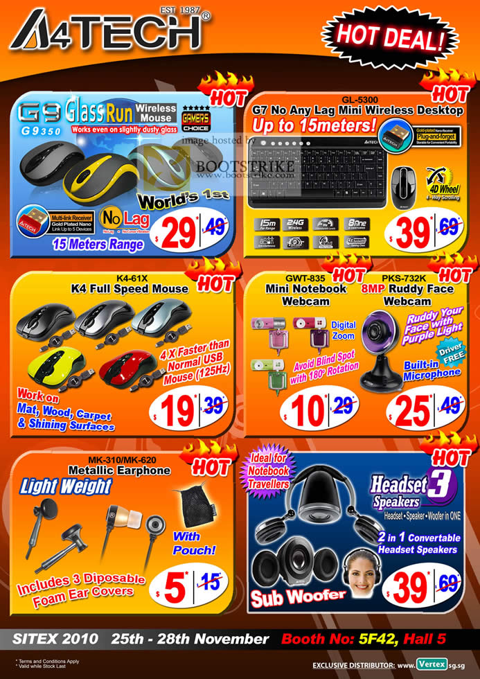 Sitex 2010 price list image brochure of Vertex A4Tech G9 G9350 Wireless Mouse G7 Keyboard K4 61X GWT 835 Webcam Earphone Headset