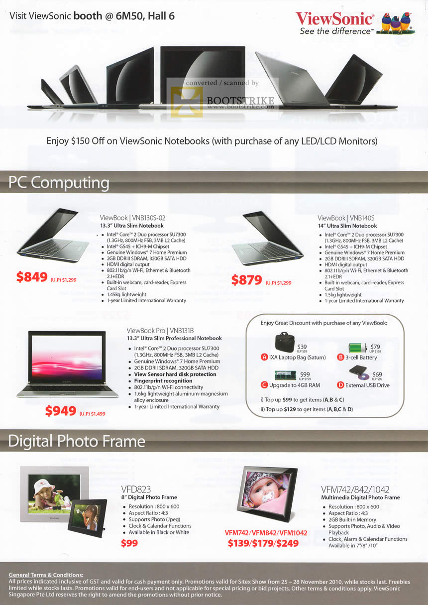 Sitex 2010 price list image brochure of Viewsonic Notebooks ViewBook VN130S VNB140S Pro VNB131B Digital Photo Frame VFD823 VFM