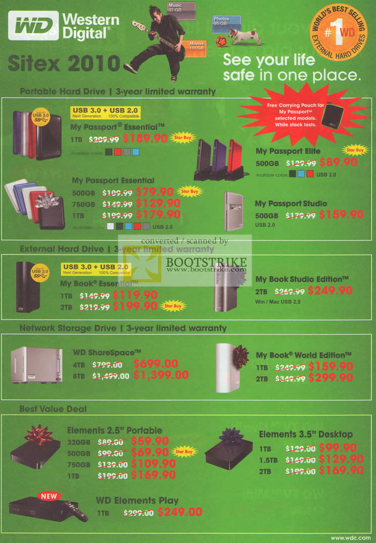 Sitex 2010 price list image brochure of WD External Storage Passport Essential Elite Studio Book Edition ShareSpace World NAS Elements Portable Desktop Play