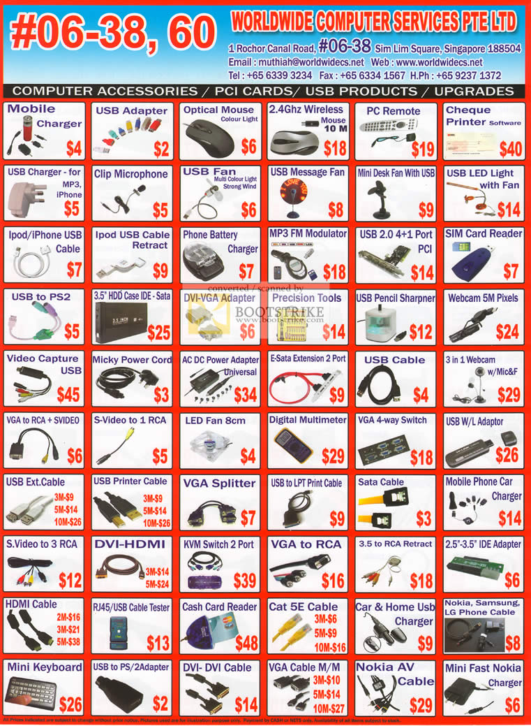 Sitex 2010 price list image brochure of Worldwide Computer Accessories Mobile Charger USB Cable VGA Splitter DVI HDMI Webcam Fan Optical Mouse