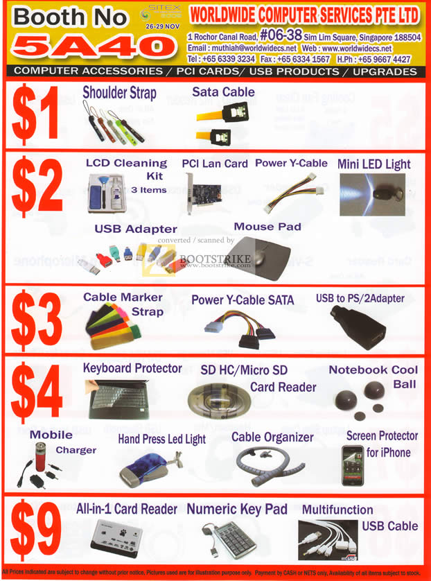 Sitex 2010 price list image brochure of Worldwide Computer Accessories Shoulder Strap LCD Cleaning Card Reader Screen Protector LAN Card