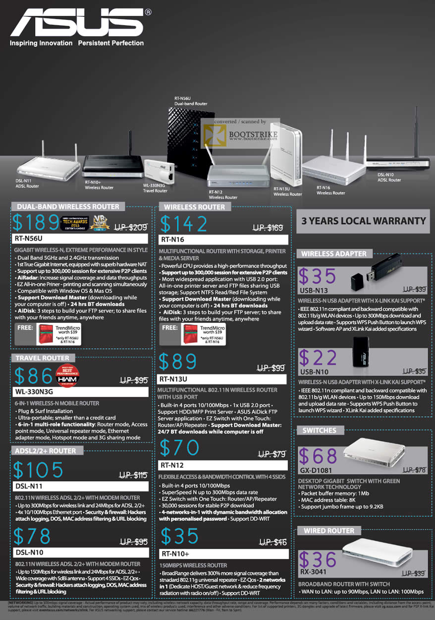 SITEX 2011 price list image brochure of ASUS Networking Wireless Router, RT-N56U, RT-N16, WL-330N3G, RT-N13U, RT-N12, ADSL, Switch, Wireless Adapter