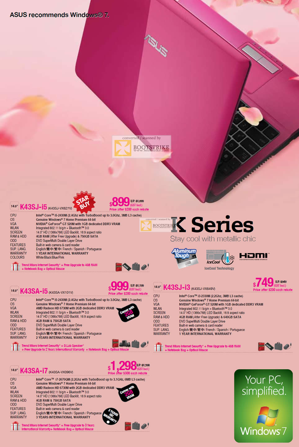 SITEX 2011 price list image brochure of ASUS Notebooks K K43SJ-i5 K43SJ-VX627V, K43SA-i5 K43SA-VX101V, K43SJ-i3 K43SJ-VX649V, K43SA-i7 K32SA-VX096V