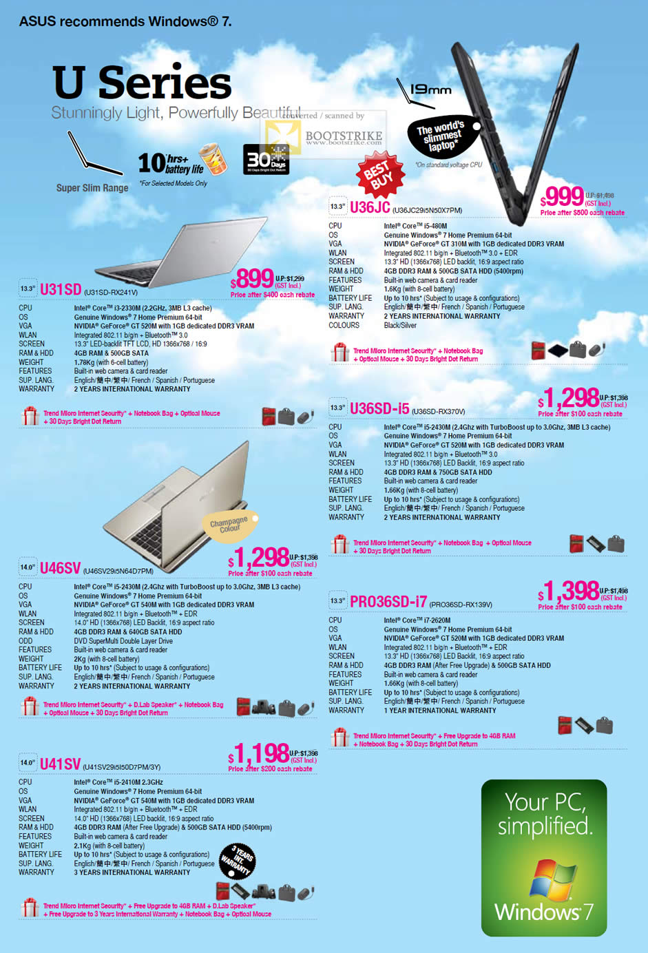 SITEX 2011 price list image brochure of ASUS Notebooks U U31SD-RX241V, U36JC U36JC29i5N50X7PM, U36SD-i5 U36SD-RX370V, U46SV U46SV29i5N64D7PM, PRO36SD-i7 PRO36SD-RX139V, U41SV U41SV29i5l50D7PM 3Y