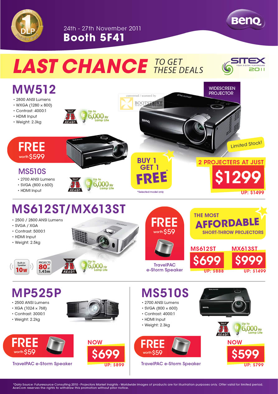 SITEX 2011 price list image brochure of AceCom BenQ Projectors MW512, MS612ST, MX613ST, MP525P, MS510S