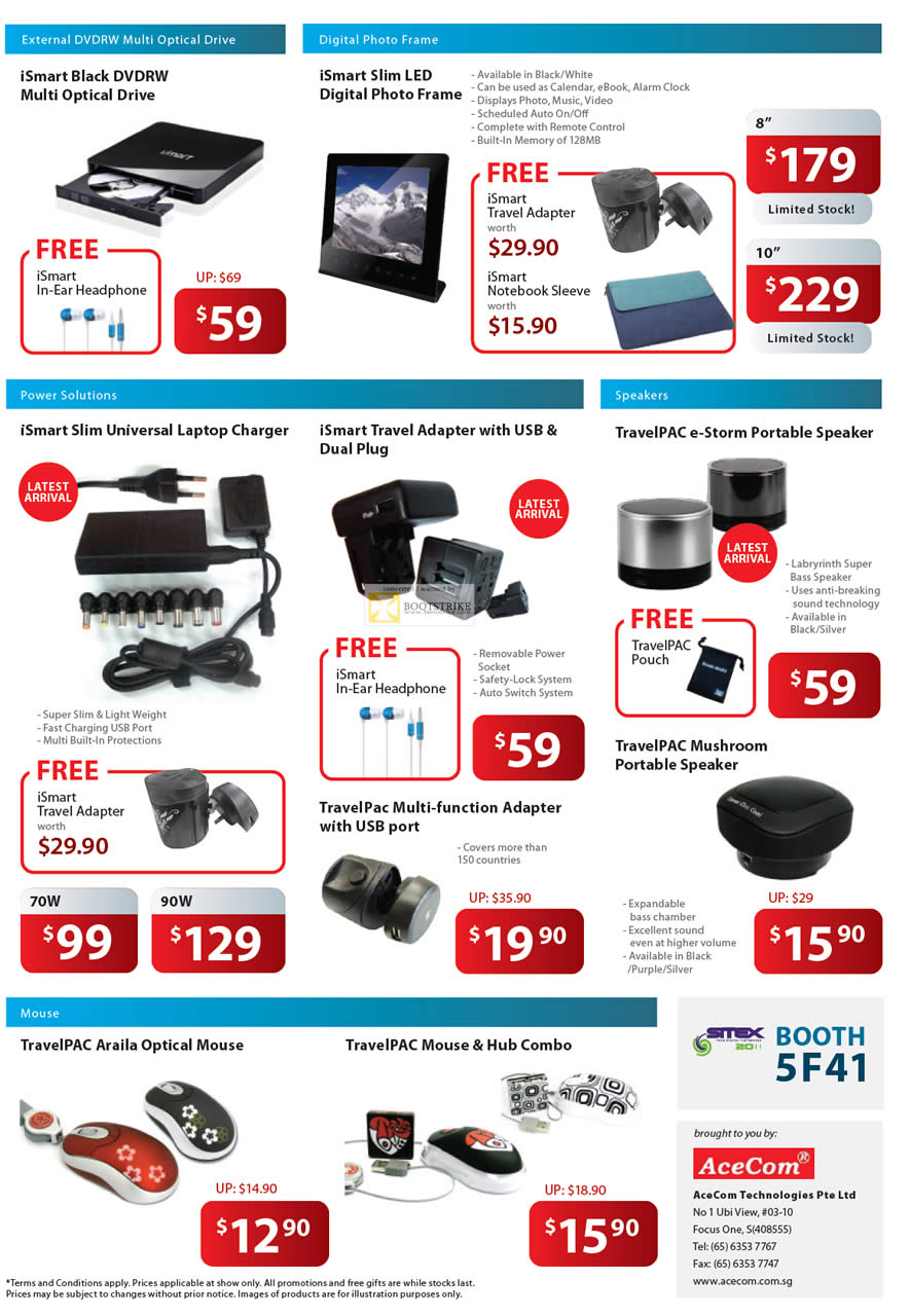 SITEX 2011 price list image brochure of AceCom ISmart External DVD Optical Drive, Digital Photo Frame, Notebook Charger, Travel Adapter, TravelPC E-Storm Portable Speaker, Araila Optical Mouse, Hub