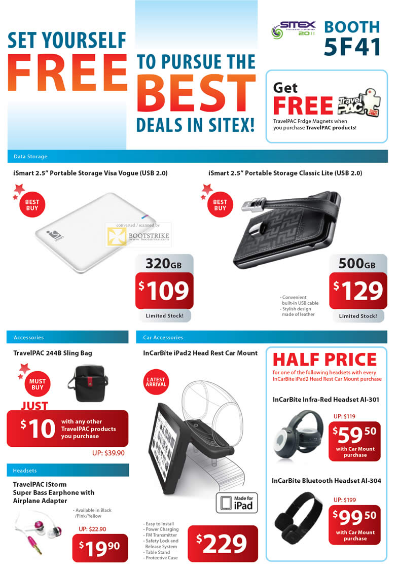 SITEX 2011 price list image brochure of AceCom ISmart External Storage Visa Vogue, Classic Lite, TravelPAC Sling Bag, InCarBite IPad2, IStorm Earphone, Bluetooth Headset AI-301, AI-304