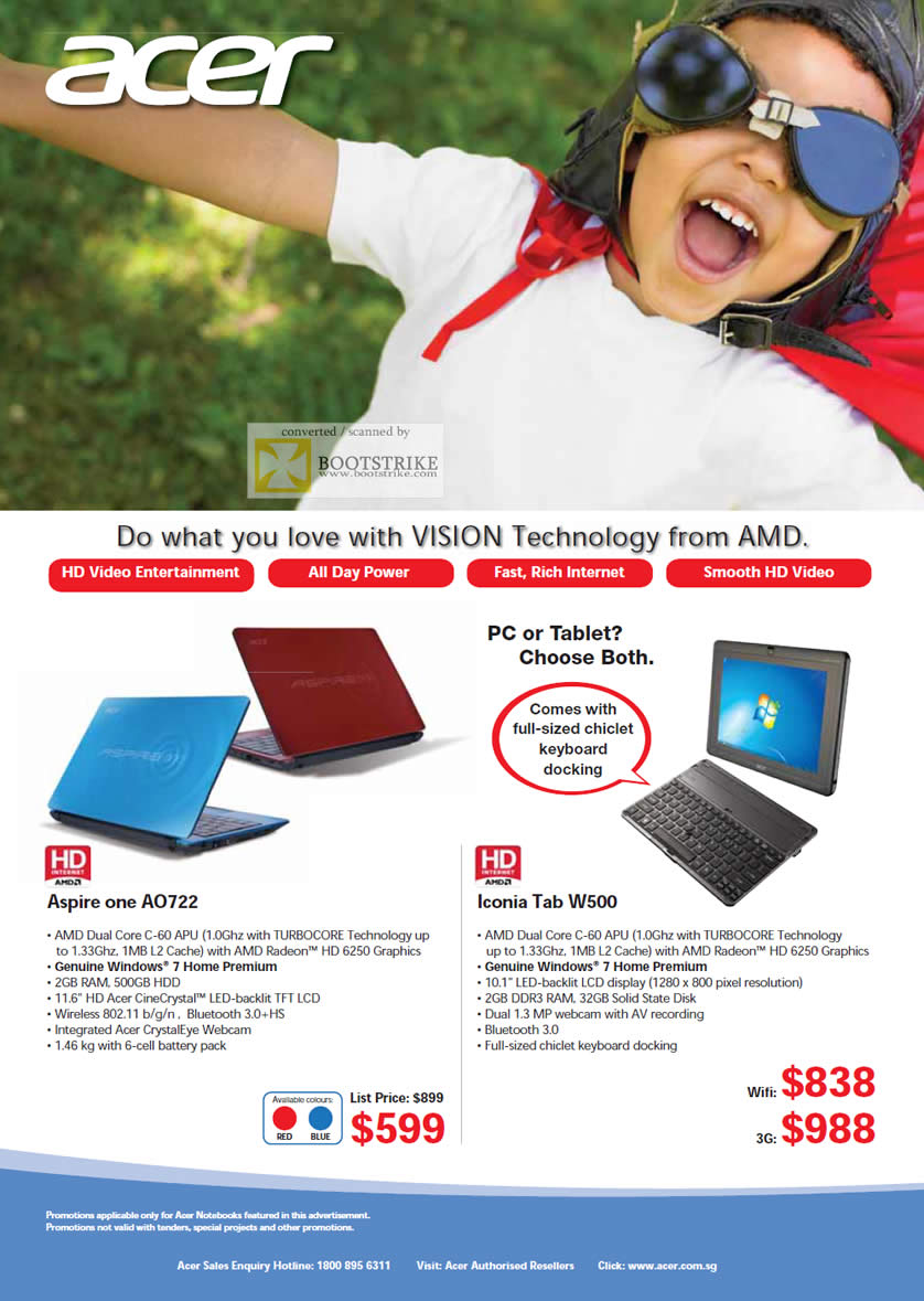 SITEX 2011 price list image brochure of Acer AMD Tablets Notebooks Aspire One A0722, Icona Tab W500