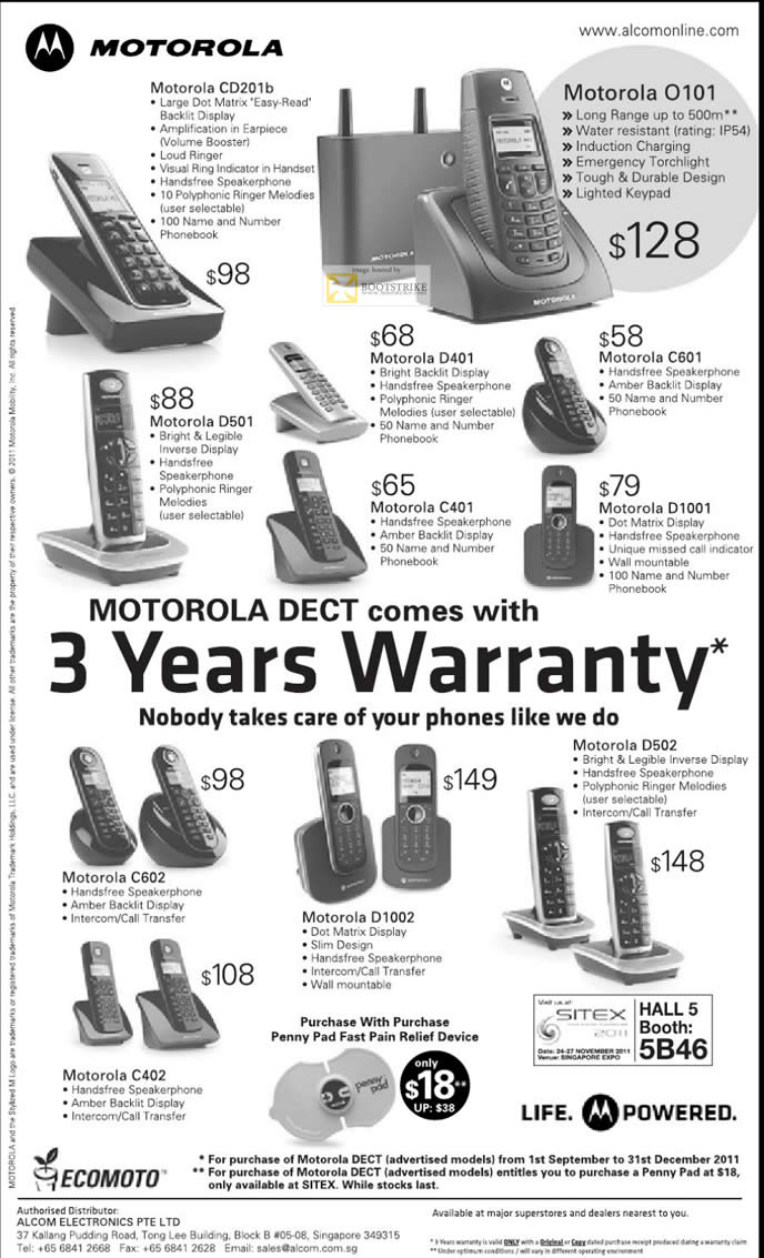 SITEX 2011 price list image brochure of Alcom Motorola DECT Phones CD201b, O101, D501, D401, C601, C401, D1001, C602, C402, D1002, D502