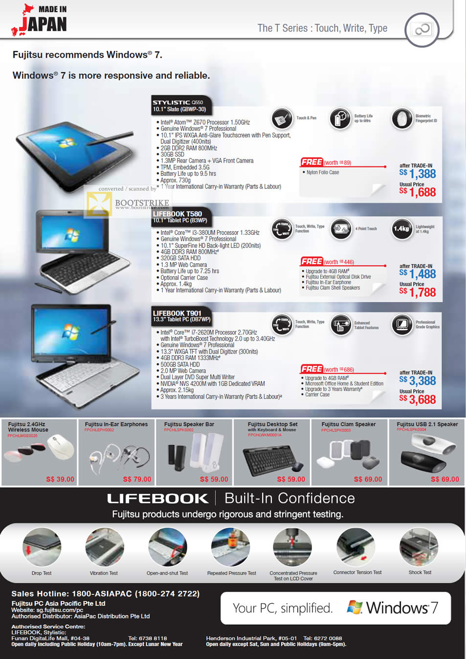 SITEX 2011 price list image brochure of Asiapac Fujitsu Notebooks Slate, Tablet PC, Stylistic Q550 GBWP-30, Lifebook T580 B3WP, T901 DB7WP, Mouse, Earphones, USB Speaker, Accessories