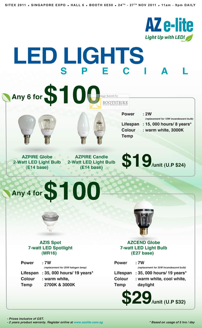 SITEX 2011 price list image brochure of Aztech LED Lights Azpire Globe Bulb E14 Base, Candle, Azis Spot Spotlight MR16, E27