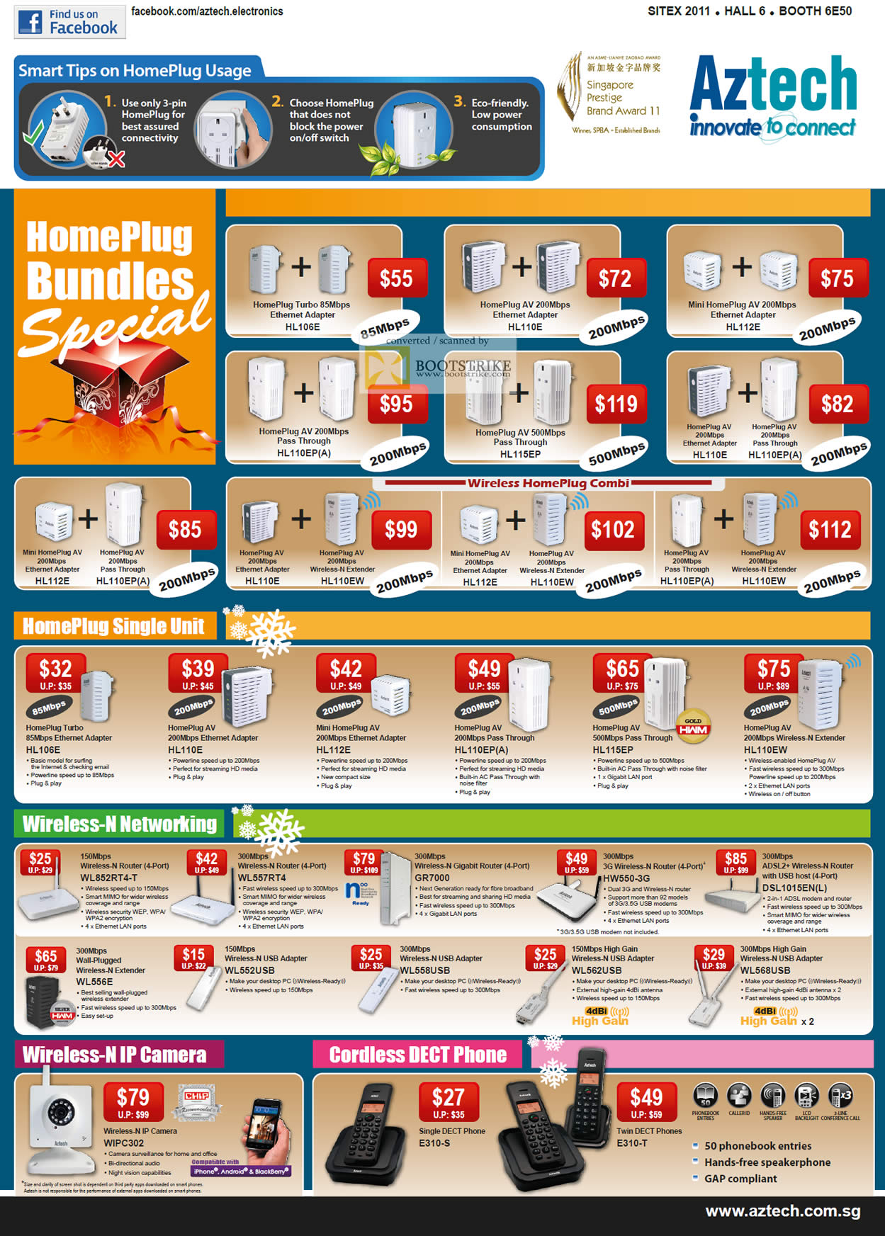 SITEX 2011 price list image brochure of Aztech Networking Homeplug, HL106E, HL110E, HL112E, HL110EP A, HL115EP, Wireless Router, Range Extender, USB Adapter, IPCam, Cordless DECT Phone